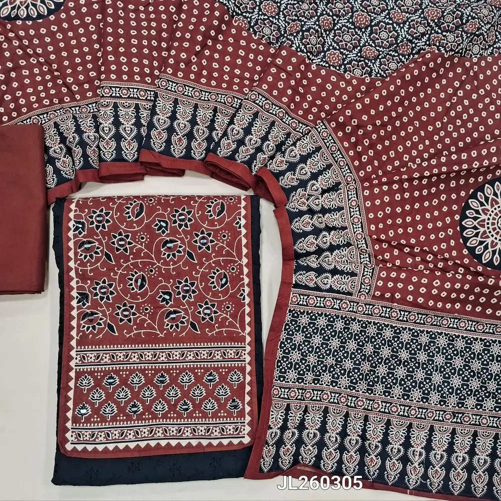 Black schiffli embroidered pure cotton unstitched salwar material(lining needed) real mirror work on yoke, cut work & self embroidery all over, maroon cotton bottom, ajrak printed cotton dupatta. JL260305