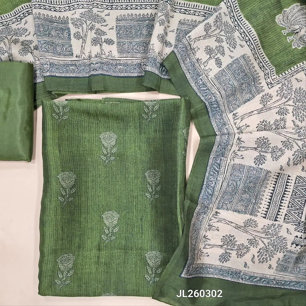 Leafy green floral printed premium viscous Silk cotton unstitched salwar material(shiny,Lining Needed)matching silky Bottom,digital printed pure  viscous silk dupatta. JL260302