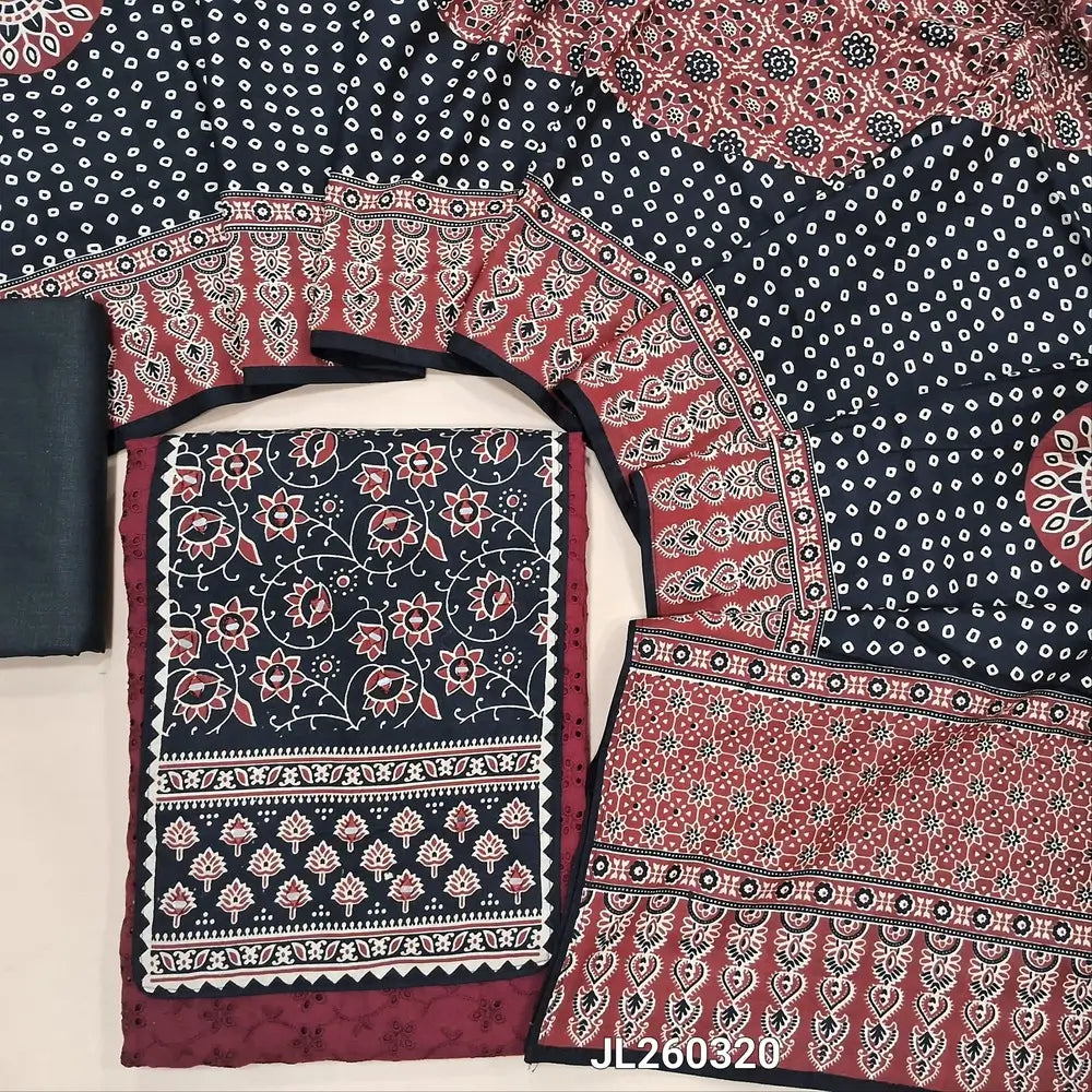 Dark maroon schiffli embroidered pure cotton unstitched salwar material(lining needed) real mirror work on yoke, cut work & self embroidery all over, black cotton bottom, ajrak printed cotton dupatta. JL260320