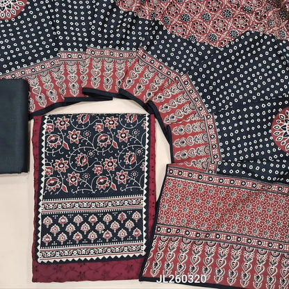Dark maroon schiffli embroidered pure cotton unstitched salwar material(lining needed) real mirror work on yoke, cut work & self embroidery all over, black cotton bottom, ajrak printed cotton dupatta. JL260320