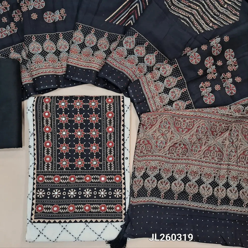 White pure mul cotton unstitched salwar material,ajrak yoke patch and faux mirror work, kantha sticth & faux mirror work on front(lining needed)black silk cotton bottom,printed soft mul cotton full length dupatta. JL260319