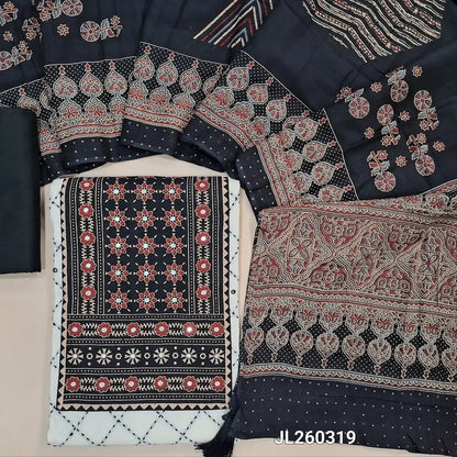 White pure mul cotton unstitched salwar material,ajrak yoke patch and faux mirror work, kantha sticth & faux mirror work on front(lining needed)black silk cotton bottom,printed soft mul cotton full length dupatta. JL260319