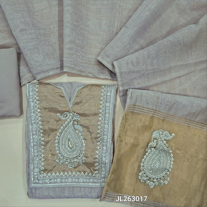 Designer pale pink silk cotton unstitched salwar material,zari buttas all over,gold tissue yoke with zarodzi, sequins and cutbead(lining needed)matching cotton bottom,silk cotton dupatta with gold tissue with zari work pallu. JL260317
