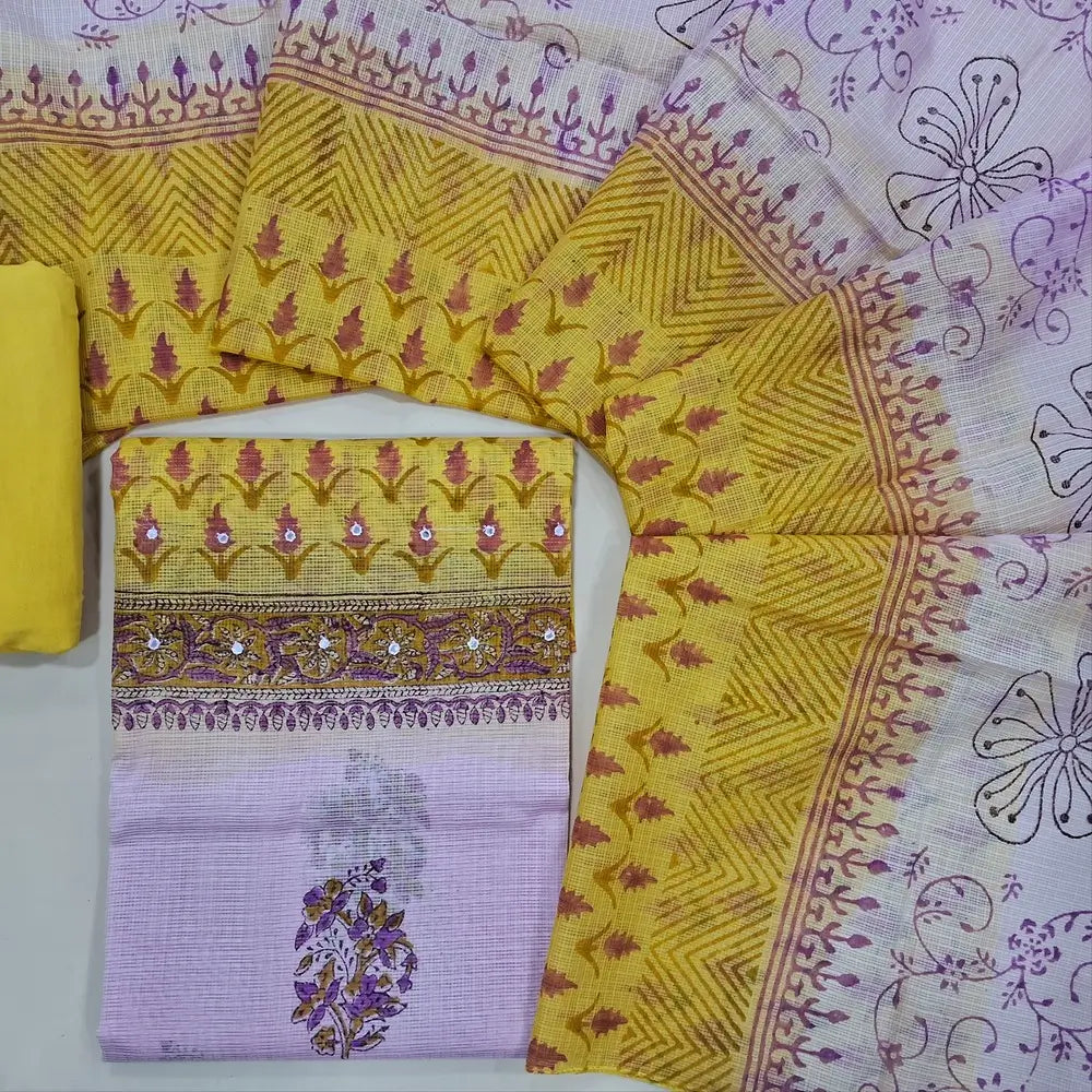 Pastel pink & pastel yellow block printed kota unstitched salwar material,faux mirror work yoke(Lining Needed) spun cotton bottom,hand block printed dual shaded kota dupatta. JL260408