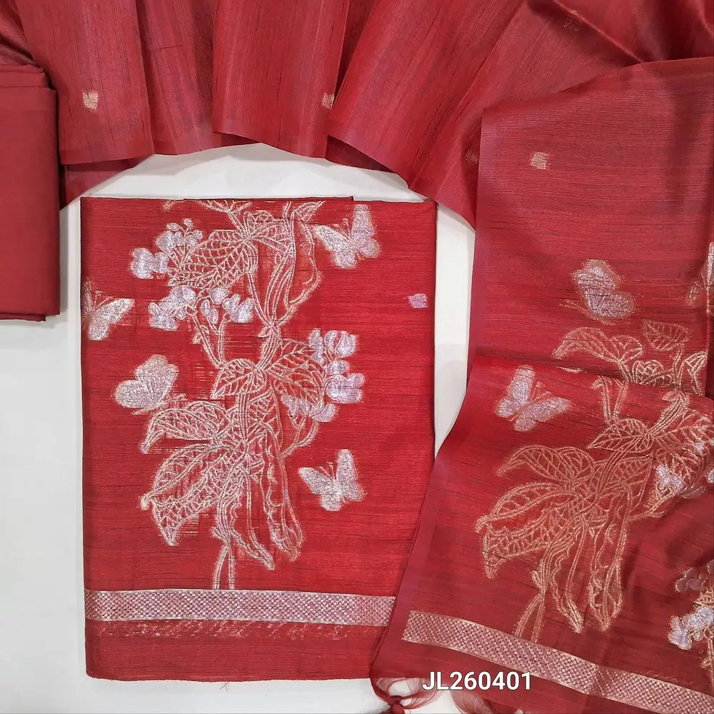 Designer red jamdani woven premium tussar silk unstitched salwar material, (textured,lining needed)gold and silver zari weaving on daman,zari buttas all over,santoon bottom, jamdani woven on tussar silk dupatta with zari pallu & tassles. JL260401