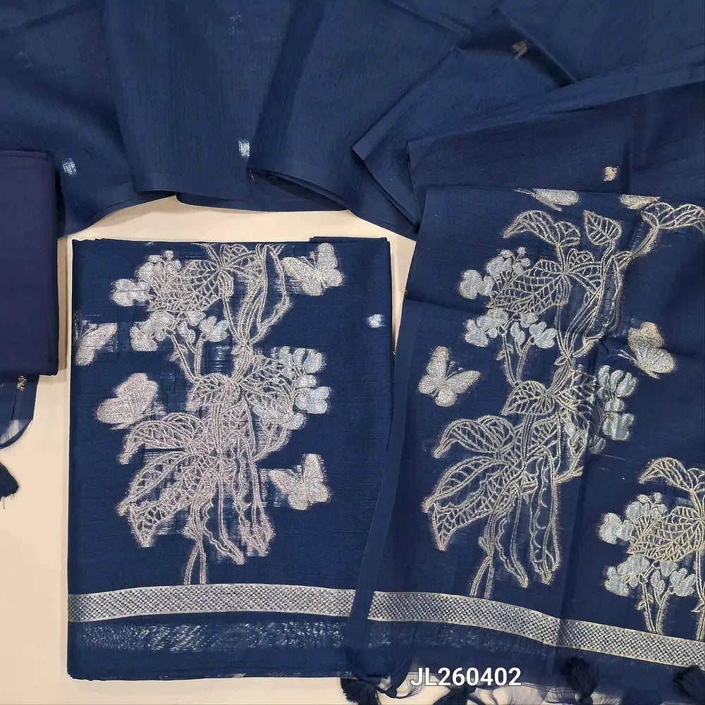 Designer navy blue jamdani woven premium tussar silk unstitched salwar material, (textured,lining needed)gold and silver zari weaving on daman,zari buttas all over,santoon bottom, jamdani woven on tussar silk dupatta with zari pallu & tassles. JL260402