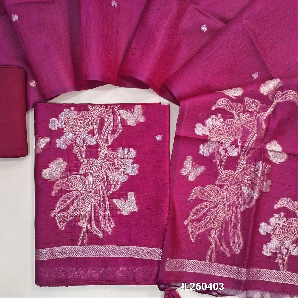 Designer bright pink jamdani woven premium tussar silk unstitched salwar material, (textured,lining needed)gold and silver zari weaving on daman,zari buttas all over,santoon bottom, jamdani woven on tussar silk dupatta with zari pallu & tassles. JL260403