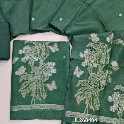 Designer bottle green jamdani woven premium tussar silk unstitched salwar material, (textured,lining needed)gold and silver zari weaving on daman,zari buttas all over,santoon bottom, jamdani woven on tussar silk dupatta with zari pallu & tassles. JL260404