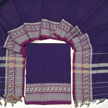 Purple premium mercerized handloom cotton unstitched salwar material(thin, lining needed)contrast peacock thread woven border,mercerized handloom cotton dupatta with thread woven borders & tassels. JL260410