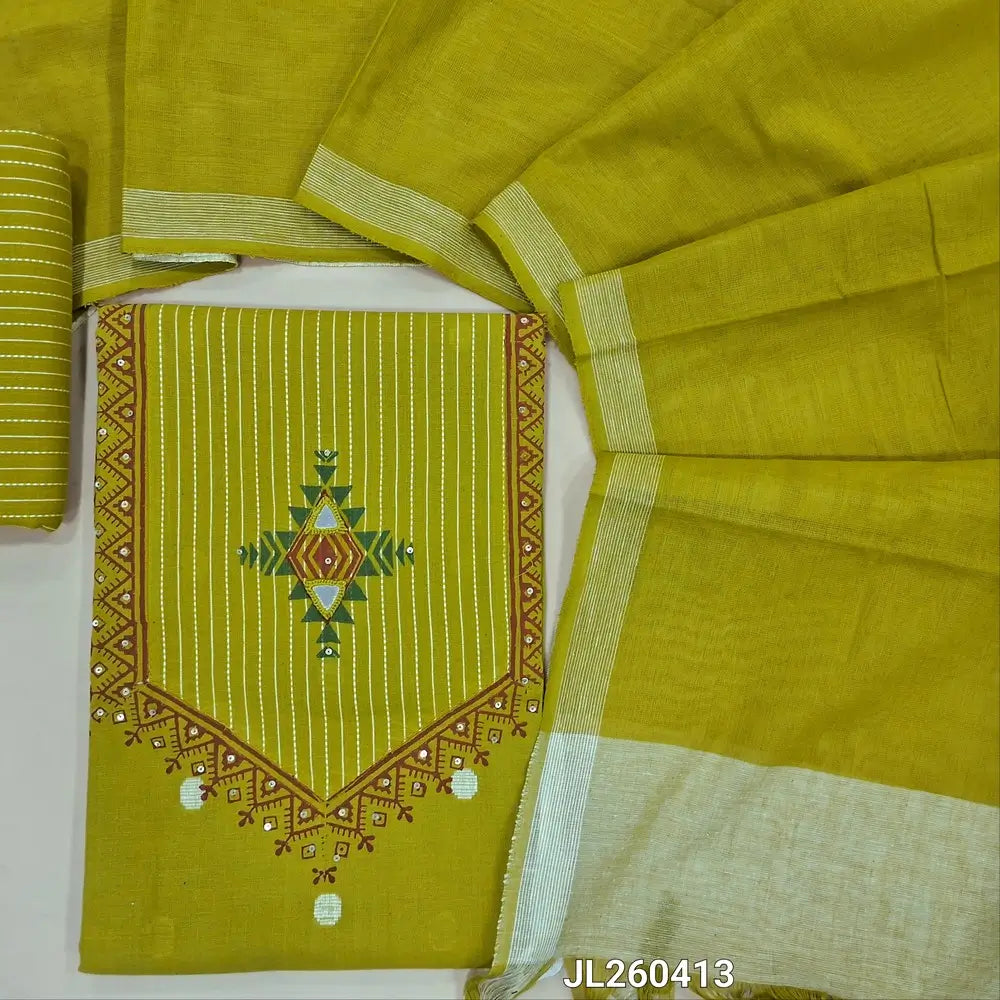 Mehandhi green handloom cotton unstitched salwar material,thread woven,block prints,real mirror & sequins work on yoke,thread woven buttas all over(lining optional)vertical weaving handloom cotton bottom,dual shade handloom cotton dupatta. JL260413