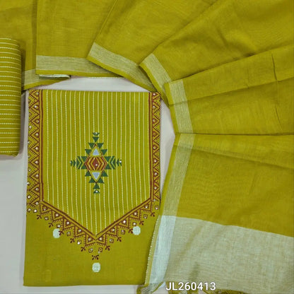 Mehandhi green handloom cotton unstitched salwar material,thread woven,block prints,real mirror & sequins work on yoke,thread woven buttas all over(lining optional)vertical weaving handloom cotton bottom,dual shade handloom cotton dupatta. JL260413