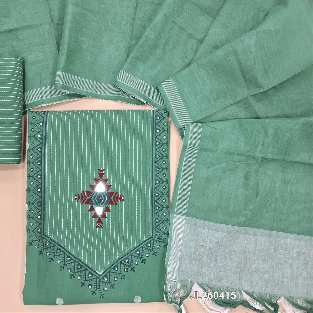 Sage green handloom cotton unstitched salwar material,thread woven,block prints,real mirror & sequins work on yoke,thread woven buttas all over(lining optional)vertical weaving handloom cotton bottom,dual shade handloom cotton dupatta. JL260415