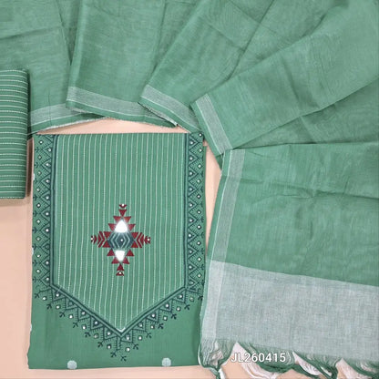 Sage green handloom cotton unstitched salwar material,thread woven,block prints,real mirror & sequins work on yoke,thread woven buttas all over(lining optional)vertical weaving handloom cotton bottom,dual shade handloom cotton dupatta. JL260415