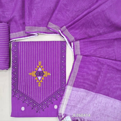 Bright purple handloom cotton unstitched salwar material,thread woven,block prints,real mirror & sequins work on yoke,thread woven buttas all over(lining optional)vertical weaving handloom cotton bottom,dual shade handloom cotton dupatta. JL260414