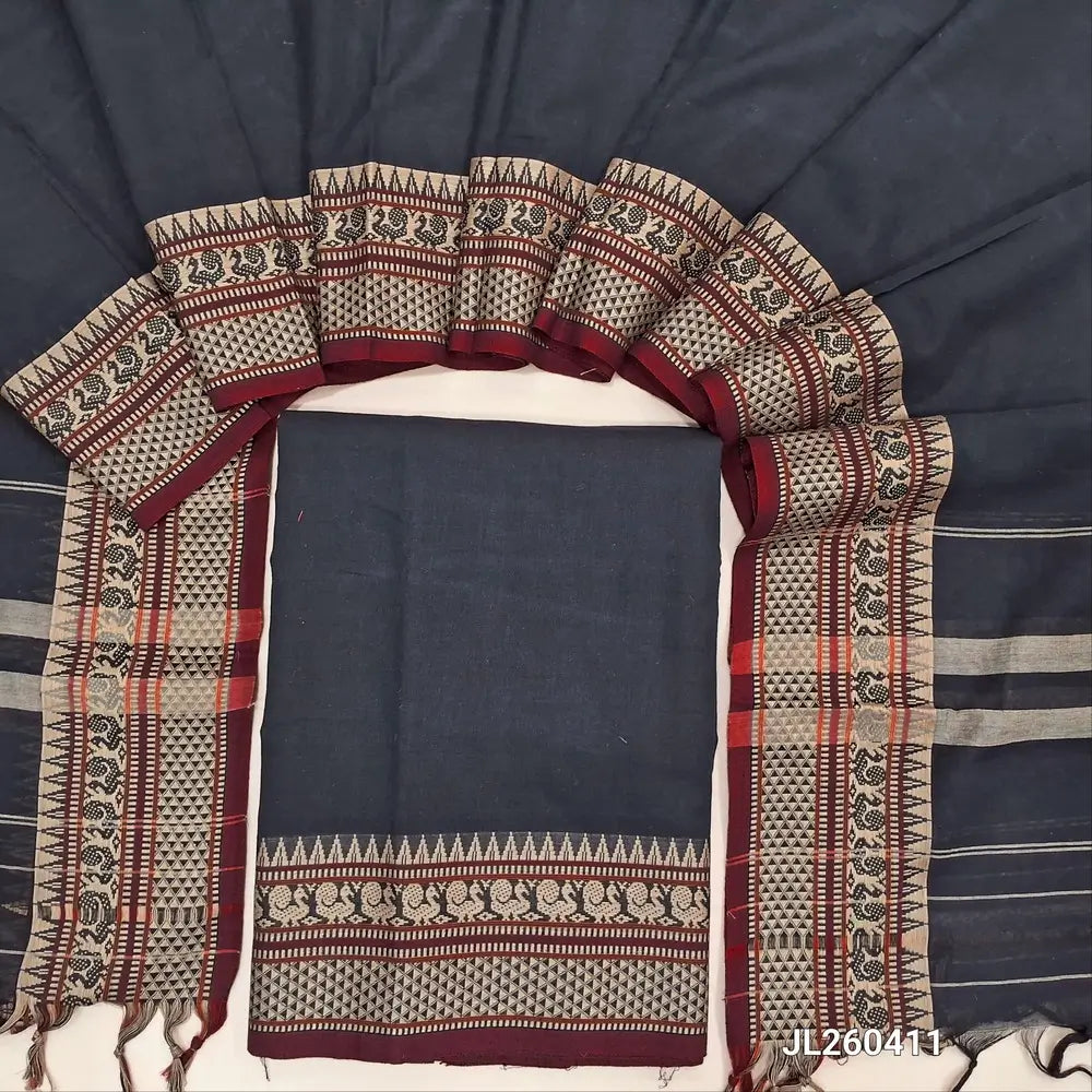 Black premium mercerized handloom cotton unstitched salwar material(thin, lining needed)contrast peacock thread woven border,mercerized handloom cotton dupatta with thread woven borders & tassels. JL260411