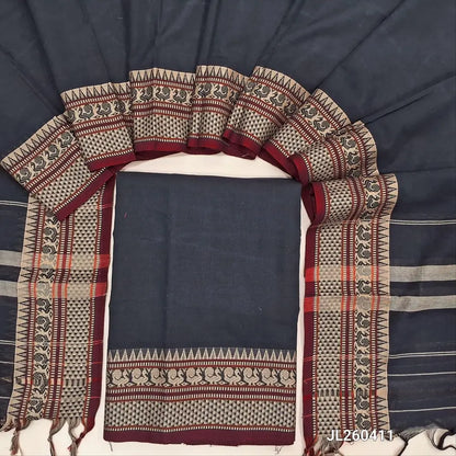 Black premium mercerized handloom cotton unstitched salwar material(thin, lining needed)contrast peacock thread woven border,mercerized handloom cotton dupatta with thread woven borders & tassels. JL260411