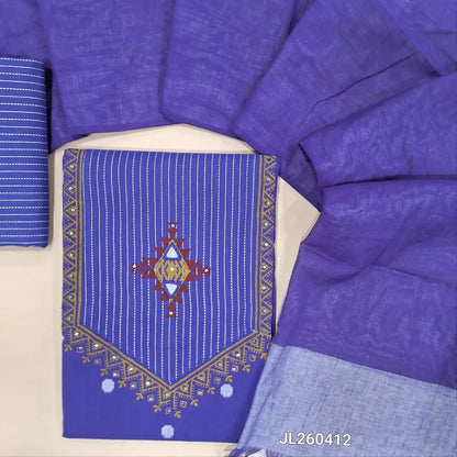 Ink blue handloom cotton unstitched salwar material,thread woven,block prints,real mirror & sequins work on yoke,thread woven buttas all over(lining optional)vertical weaving handloom cotton bottom,dual shade handloom cotton dupatta. JL260412