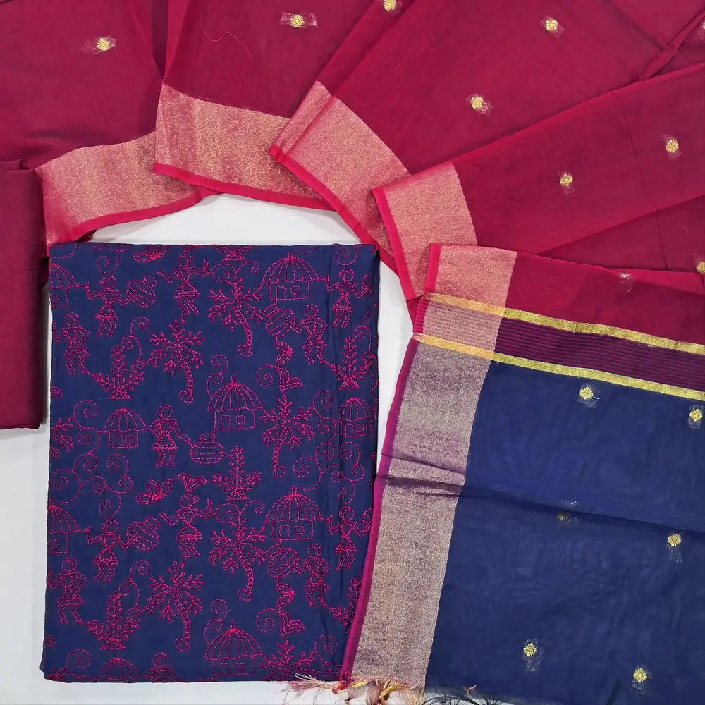 Dark blue & dark pink warli embroidery chanderi silk cotton unstitched salwar material,thread embroidery work on front (light weight,Lining Needed) silky bottom, dual shaded chanderi silk cotton dupatta with zari buttas and gold tissue borders. JL260502