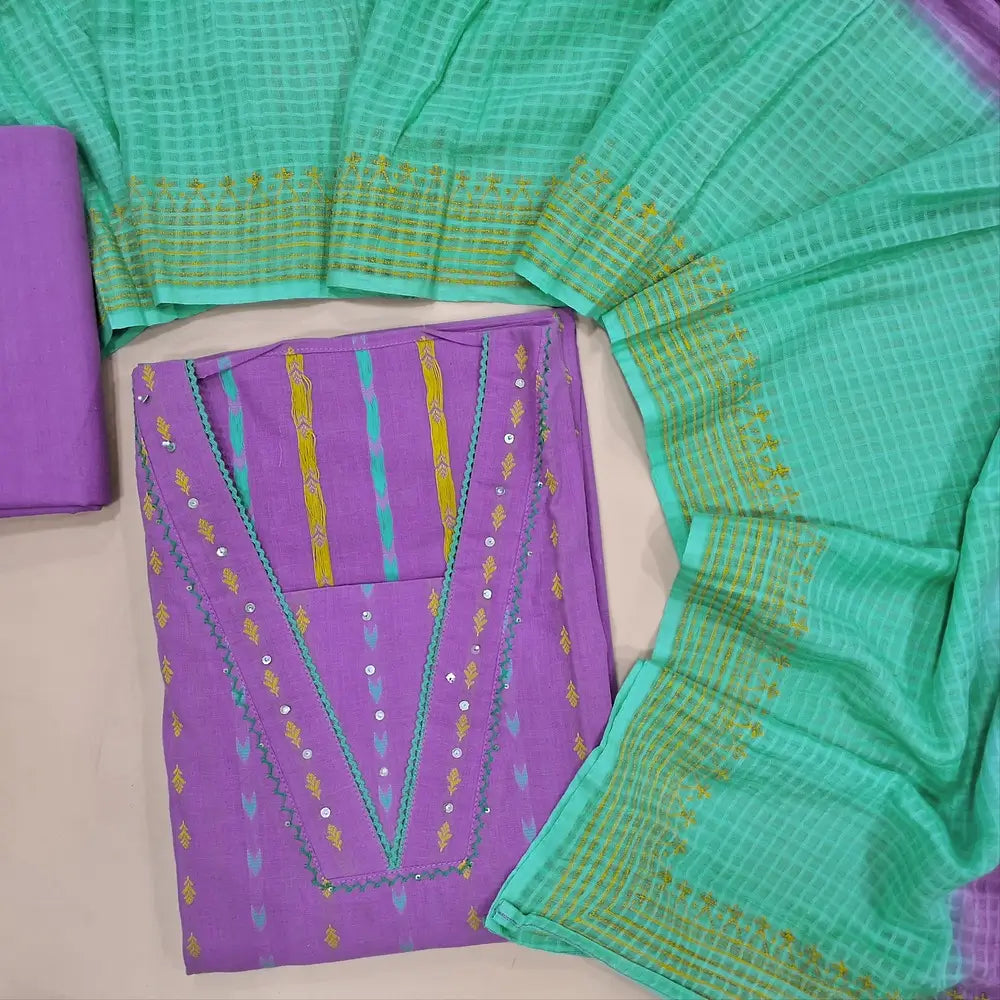Lavender handloom cotton unstitched salwar material,thread weaving work all over(lining needed)matching cotton bottom, dual shade full length mul cotton dupatta. JL260510