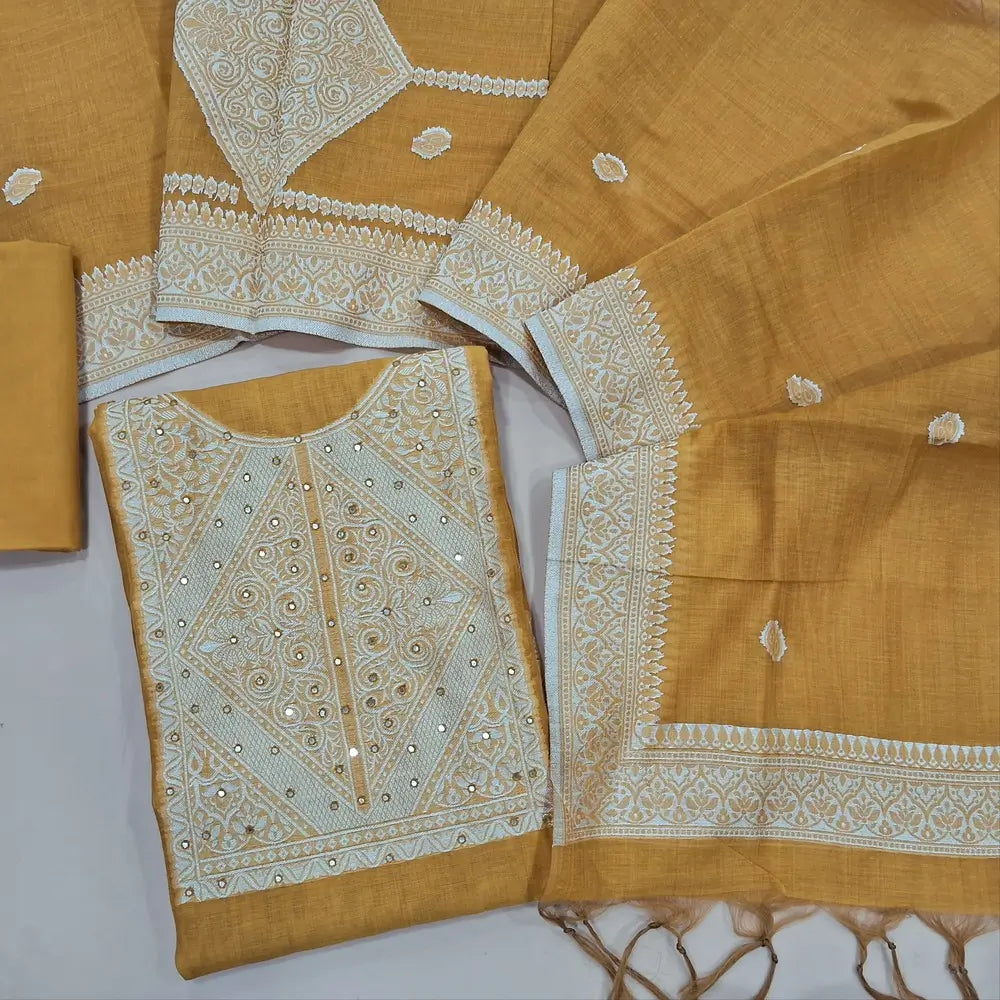 Mehandhi yellow jamdani woven soft silk cotton unstitched salwar material (lining needed) faux mirror work on yoke, matching cotton lining provided NO BOTTOM, jamdani woven silk cotton full length dupatta.JL260509