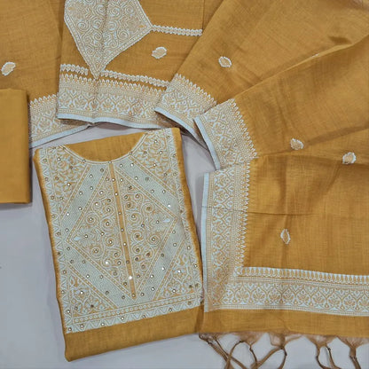 Mehandhi yellow jamdani woven soft silk cotton unstitched salwar material (lining needed) faux mirror work on yoke, matching cotton lining provided NO BOTTOM, jamdani woven silk cotton full length dupatta.JL260509