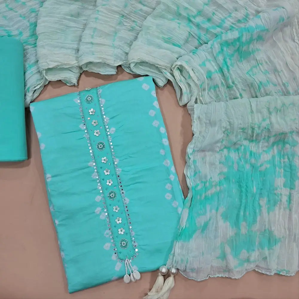 Sky blue original dye & dyed soft mul cotton unstitched salwar material, faux mirror & fancy buttons work on yoke, floral printed all over,(lining optional) drum dyed lining provided, NO BOTTOM, shibori dyed mul cotton full length dupatta. JL260508