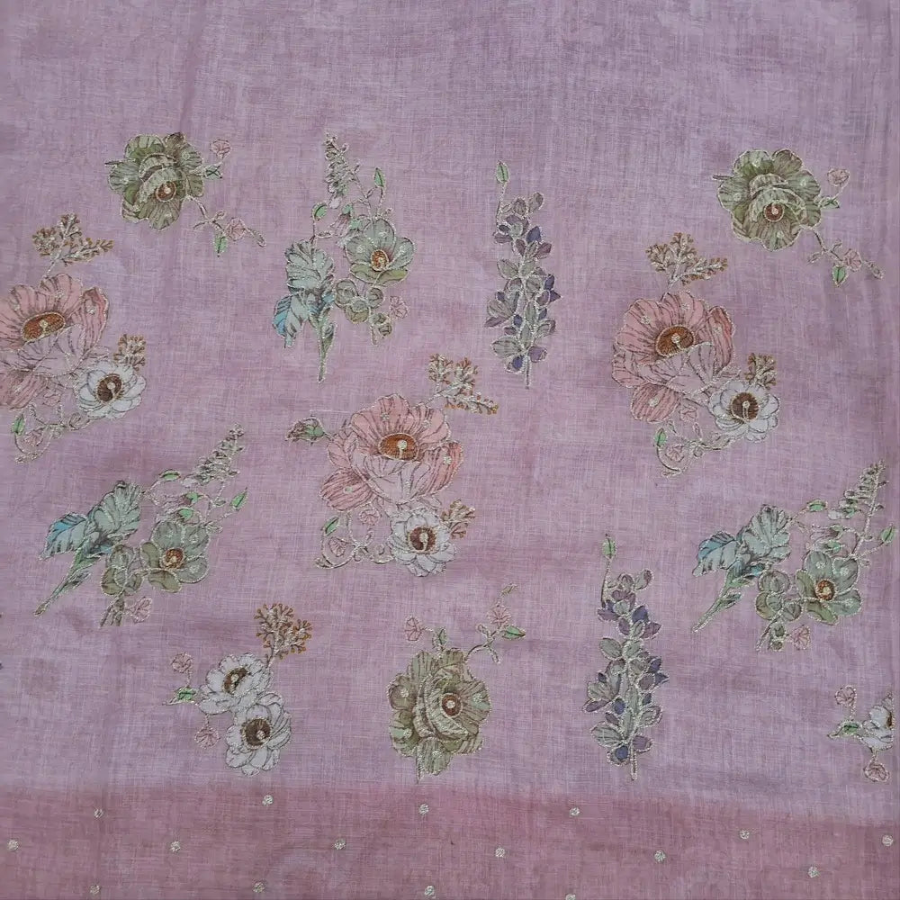 Pastel pink tissue linen unstitched salwar material (lining needed) zari& floral prints work on daman,sobar printed all over,pastel green santoon bottom,zari & floral prints organza dupatta with scallop borders. JL260515