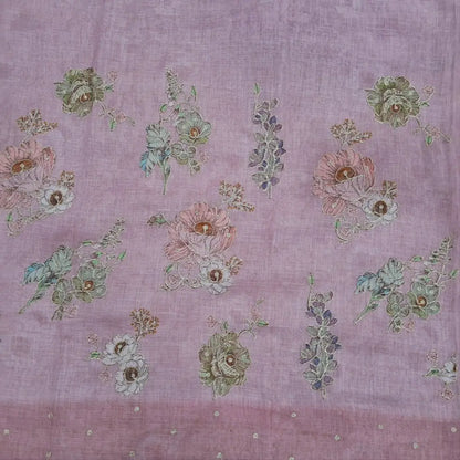 Pastel pink tissue linen unstitched salwar material (lining needed) zari& floral prints work on daman,sobar printed all over,pastel green santoon bottom,zari & floral prints organza dupatta with scallop borders. JL260515