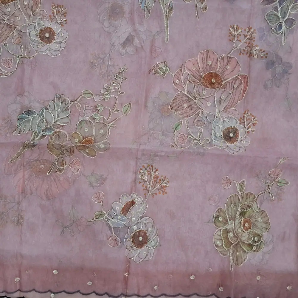 Pastel pink tissue linen unstitched salwar material (lining needed) zari& floral prints work on daman,sobar printed all over,pastel green santoon bottom,zari & floral prints organza dupatta with scallop borders. JL260515