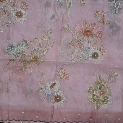 Pastel pink tissue linen unstitched salwar material (lining needed) zari& floral prints work on daman,sobar printed all over,pastel green santoon bottom,zari & floral prints organza dupatta with scallop borders. JL260515