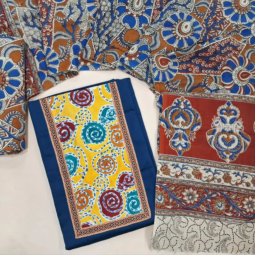 Dark teal blue cotton unstitched salwar material (lining needed) kantha stitch work on yoke, kalamkari block printed cotton bottom, kalamkari printed mul cotton dupatta.(TAPPING NEEDED) JL260513