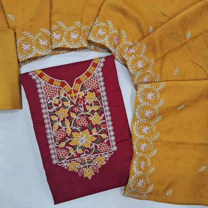 Reddish maroon satin cotton unstitched salwar material,zari &embroidery work on yoke(lining needed)mehandhi yellow bottom,zari & thread workk on soft silk cotton dupatta. JL260514