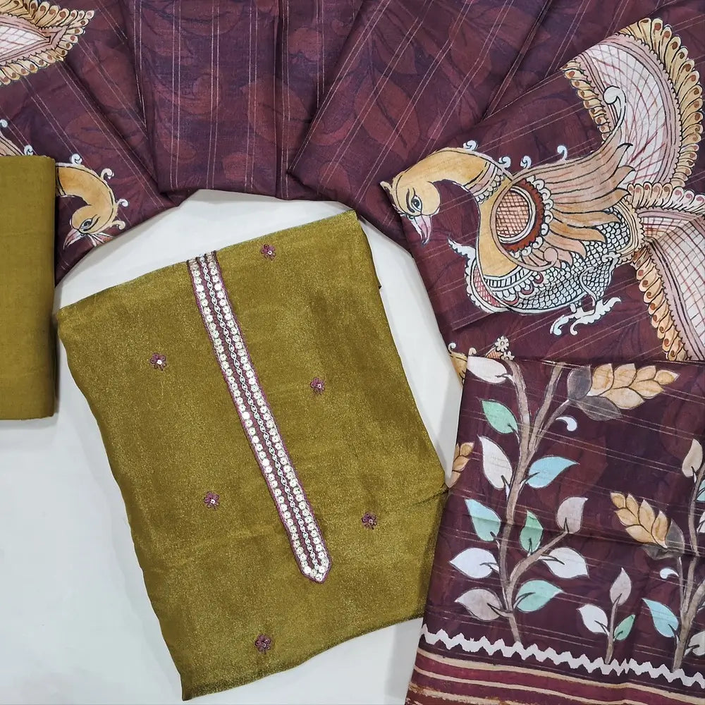 Mehandhi green golden tint tissue organza silk unstitched salwar material,zardozi & bead work on yoke,floral embroidery(soft,lining needed)santoon bottom,digital kalamkari printed dupatta.JL260517