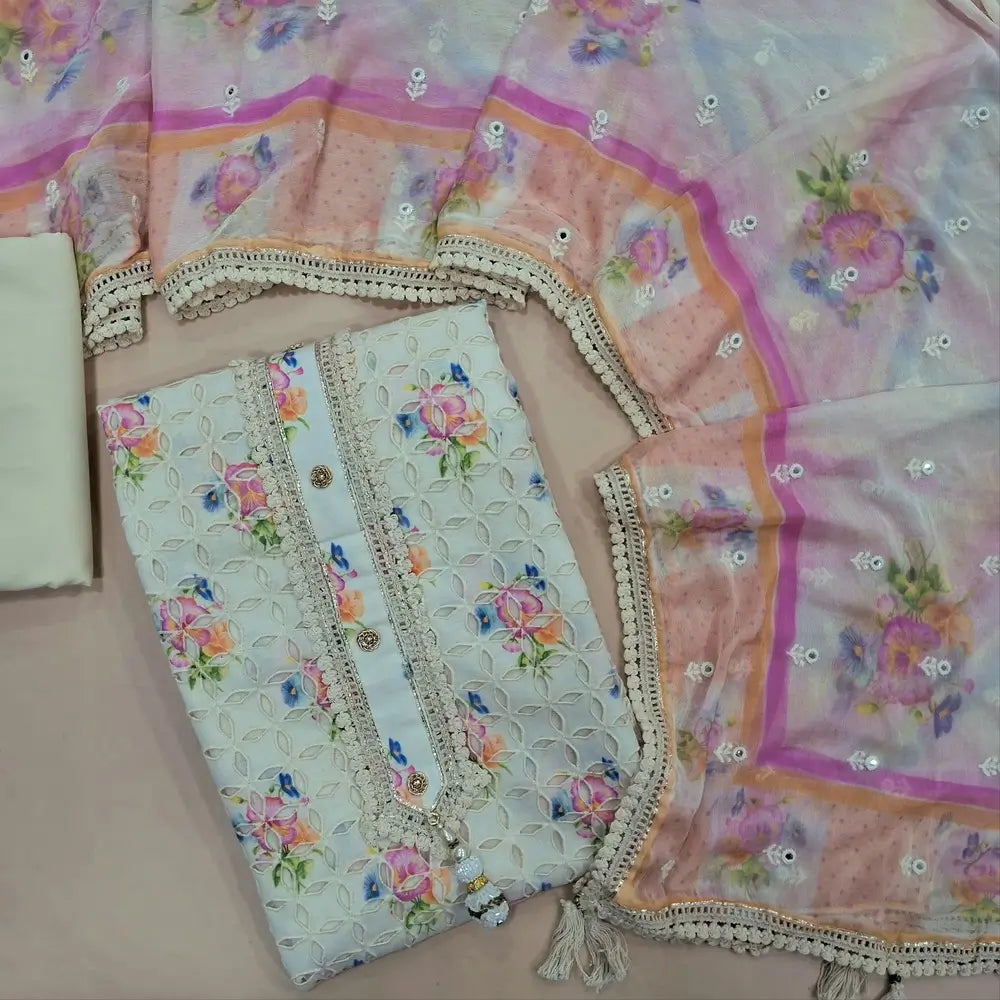 Designer off white floral printed cut work semi stitched salwar material ( lining needed)floral printed allover, cotton bottom,self embroidery pure chifffon dupatta with lace tapping.JL260511