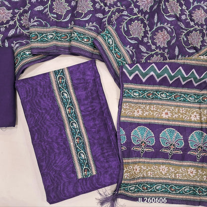 Designer floral printed dark purple silk cotton unstitched salwar material (lining needed)  kantha stitch work on yoke & daman, matching spun cotton bottom, kantha stitch work on digital printed silk cotton short width dupatta. JL260606