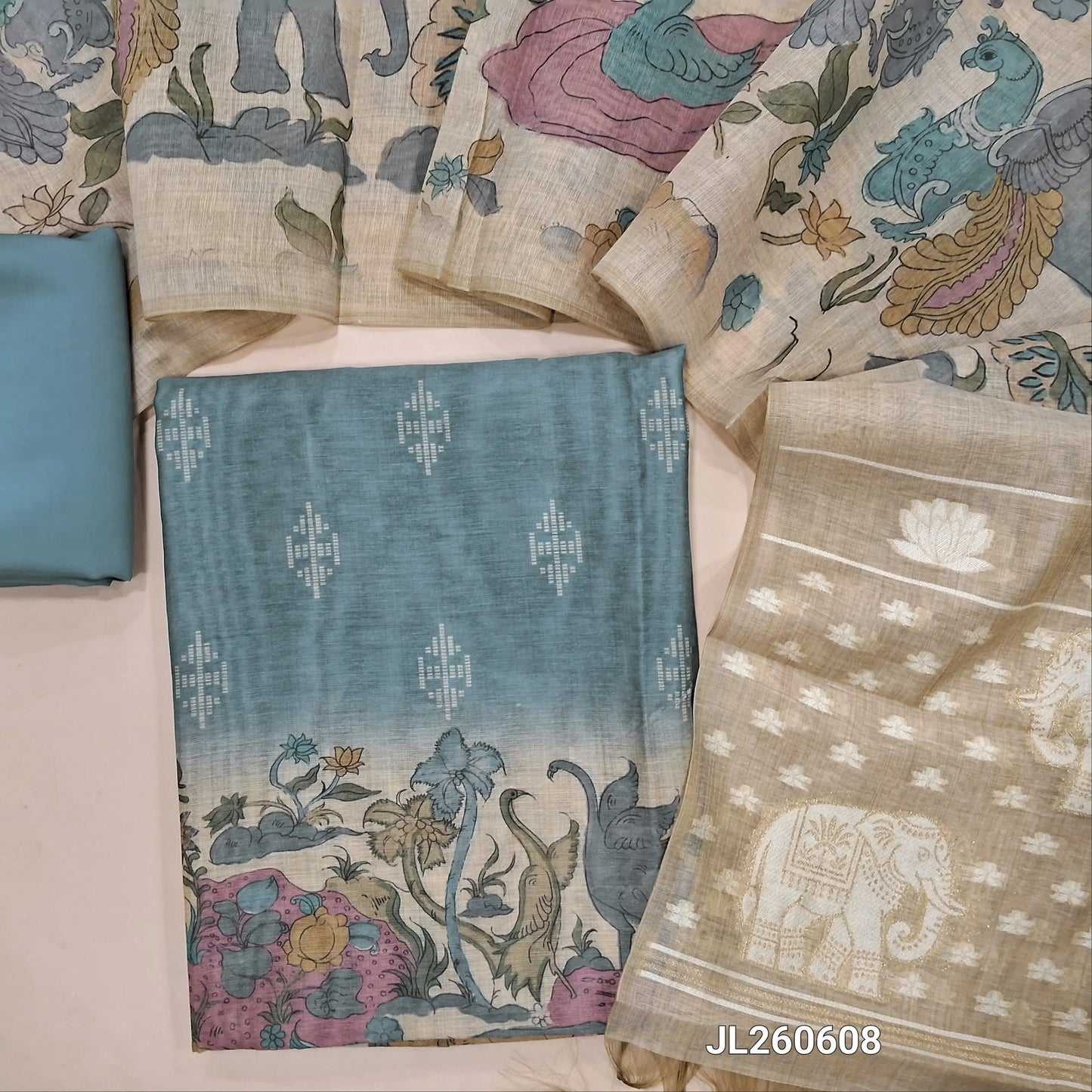 Designer light blueish grey digital printed moonga silk unstitched salwar material,printed all over(light weight,lining needed) silk cotton bottom,digital printed moonga silk cotton dupatta with zari thread work on jamdhani woven pallu. JL260608