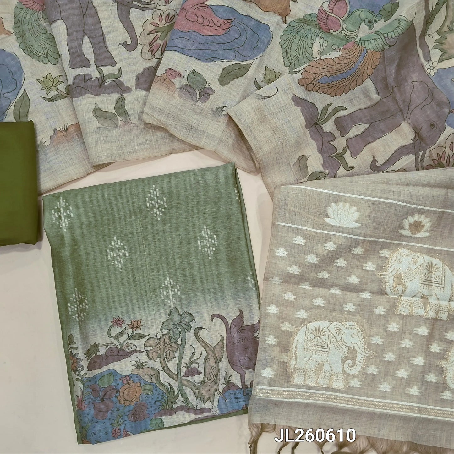 Designer sage green digital printed moonga silk unstitched salwar material,printed all over(light weight,lining needed) silk cotton bottom,digital printed moonga silk cotton dupatta with zari thread work on jamdhani woven pallu. JL260610