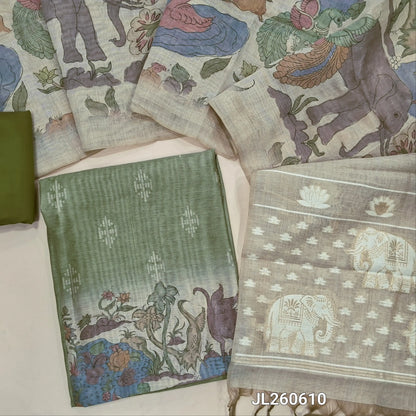Designer sage green digital printed moonga silk unstitched salwar material,printed all over(light weight,lining needed) silk cotton bottom,digital printed moonga silk cotton dupatta with zari thread work on jamdhani woven pallu. JL260610