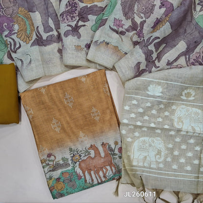 Designer sandal yellow digital printed moonga silk unstitched salwar material,printed all over(light weight,lining needed) silk cotton bottom,digital printed moonga silk cotton dupatta with zari thread work on jamdhani woven pallu. JL260611