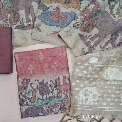 Designer onion pink digital printed moonga silk unstitched salwar material,printed all over(light weight,lining needed) silk cotton bottom,digital printed moonga silk cotton dupatta with zari thread work on jamdhani woven pallu. JL260609