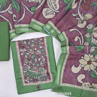 Leafy green floral printed accord linen unstitched salwar material,kalamkari yoke patch with sequins & zari work( lining needed )matching cotton bottom,kalamkari printed accord linen dupatta with gold tissue borders. JL260604