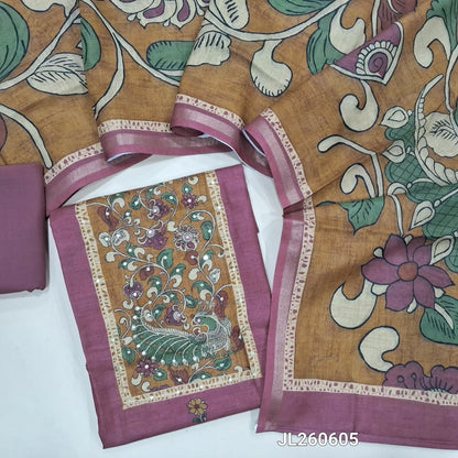 Light beetroot purple floral printed accord linen unstitched salwar material,kalamkari yoke patch with sequins & zari work( lining needed )matching cotton bottom,kalamkari printed accord linen dupatta with gold tissue borders. JL260605