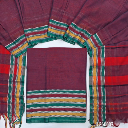 Dark maroon premium mercerized handloom cotton unstitched salwar material(thin, lining needed) thread woven borders on daman,mercerized handloom cotton dupatta with thread woven borders & tassels. JL260607