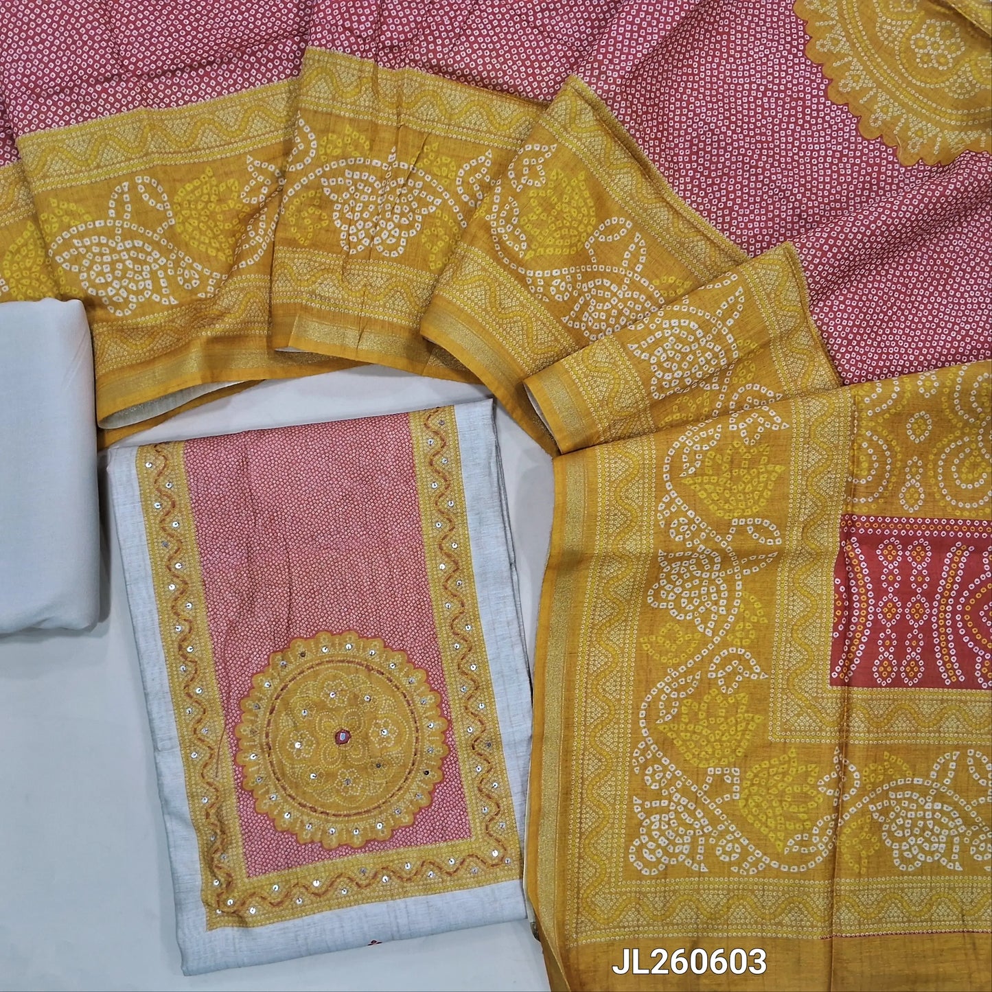 Rich beige digital printed premium chanderi silk cotton unstitched salwar material,thread work & sequins work on yoke, bandhini printed daman border(RED) (light weight,Lining Needed)spun cotton bottom,bandhini printed chanderi silk cotton dupatta.JL260603