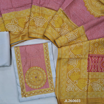 Rich beige digital printed premium chanderi silk cotton unstitched salwar material,thread work & sequins work on yoke, bandhini printed daman border(RED) (light weight,Lining Needed)spun cotton bottom,bandhini printed chanderi silk cotton dupatta.JL260603