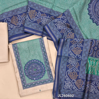 Rich beige digital printed premium chanderi silk cotton unstitched salwar material,thread work & sequins work on yoke,bandhini printed daman(BLUE) (light weight,Lining Needed)spun cotton bottom,bandhini printed chanderi silk cotton dupatta.JL260602