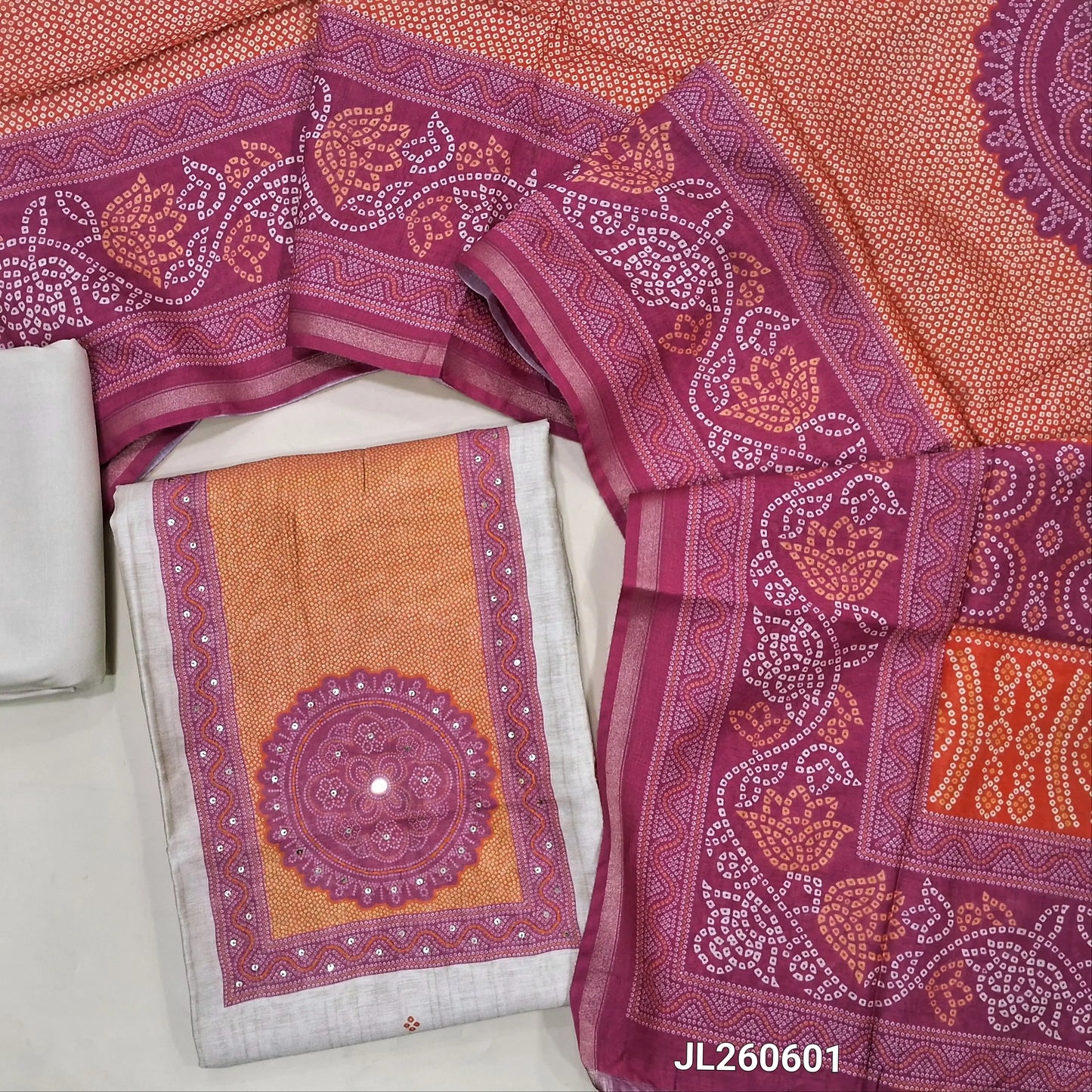 Rich beige digital printed premium chanderi silk cotton unstitched salwar material,thread work & sequins work on yoke,bandhini printed daman(PINK) (light weight,Lining Needed)spun cotton bottom,bandhini printed chanderi silk cotton dupatta.JL260601