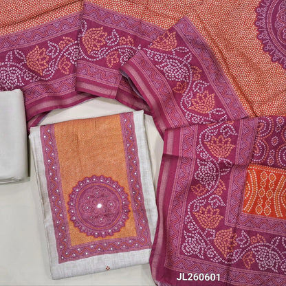 Rich beige digital printed premium chanderi silk cotton unstitched salwar material,thread work & sequins work on yoke,bandhini printed daman(PINK) (light weight,Lining Needed)spun cotton bottom,bandhini printed chanderi silk cotton dupatta.JL260601