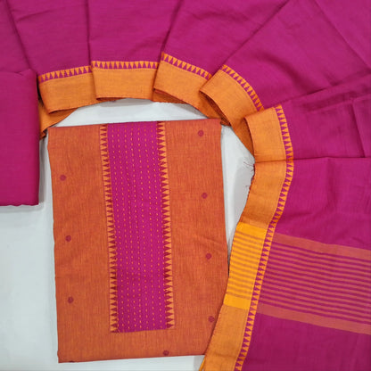 Peachish pink premium handloom cotton unstitched salwar material,kantha stitch work on yoke,thread woven buttas all over(soft,lining optional)bright pink cotton bottom, handloom cotton dupatta with contrast borders. JL260506