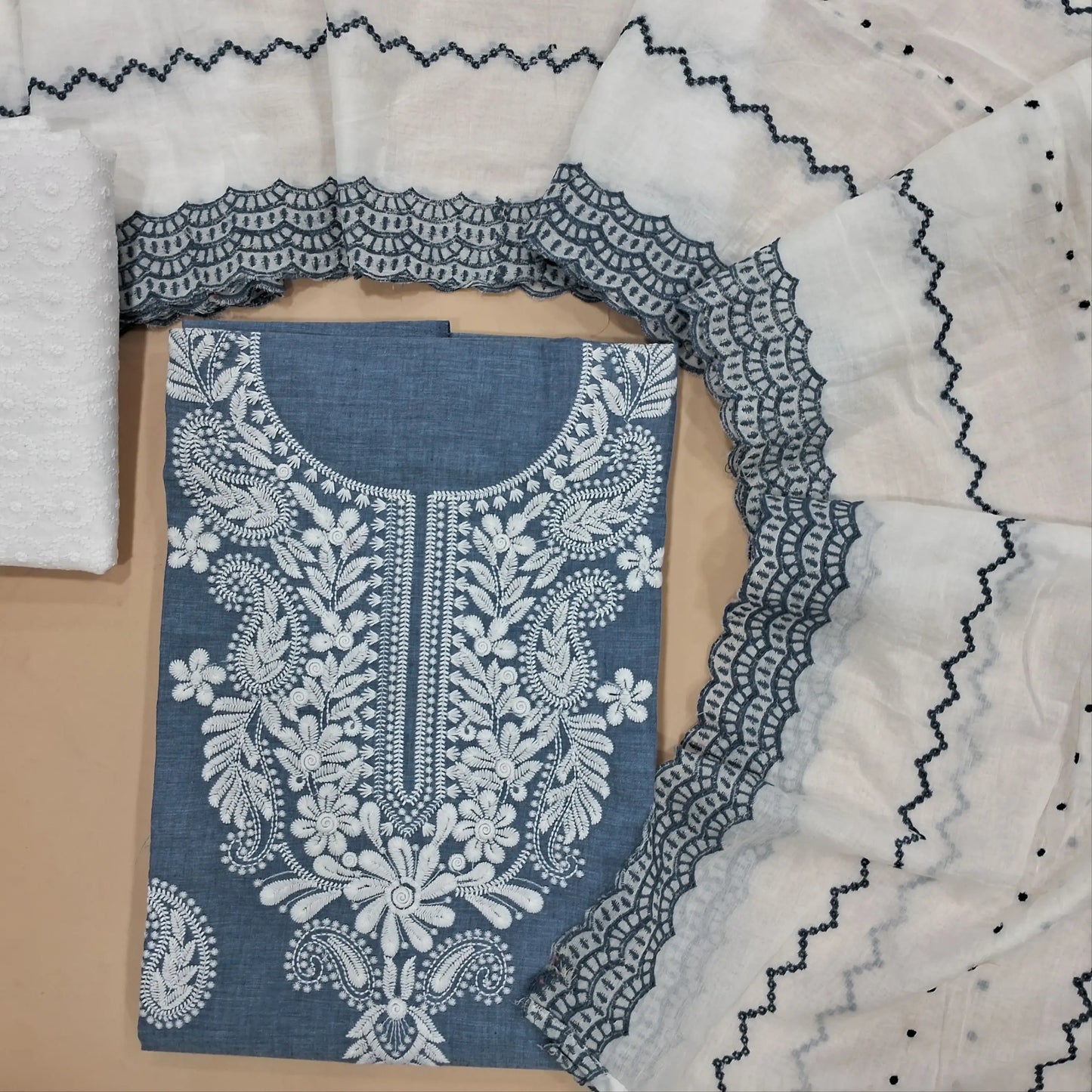 Denim blue soft cotton unstitched salwar material (lining optional) embroidery work on yoke, chikenkari embroidered cotton bottom, soft embroidered mul cotton dupatta. JL260512